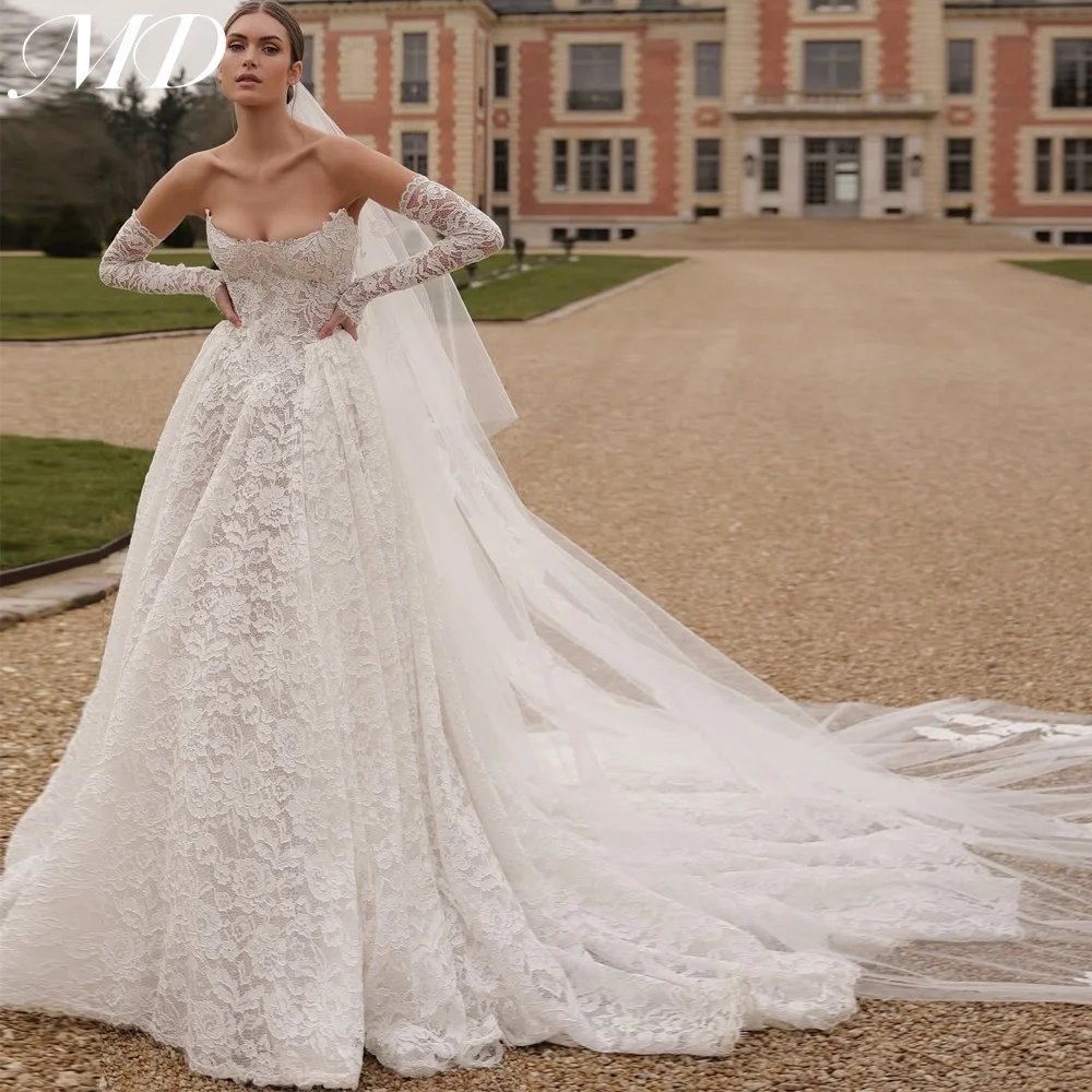 MD New Exquisite A-line Wedding Dress Off Shoulder Lace Sweep Train Bridal Gown Detachable Sleeves Customized vestidos de novia