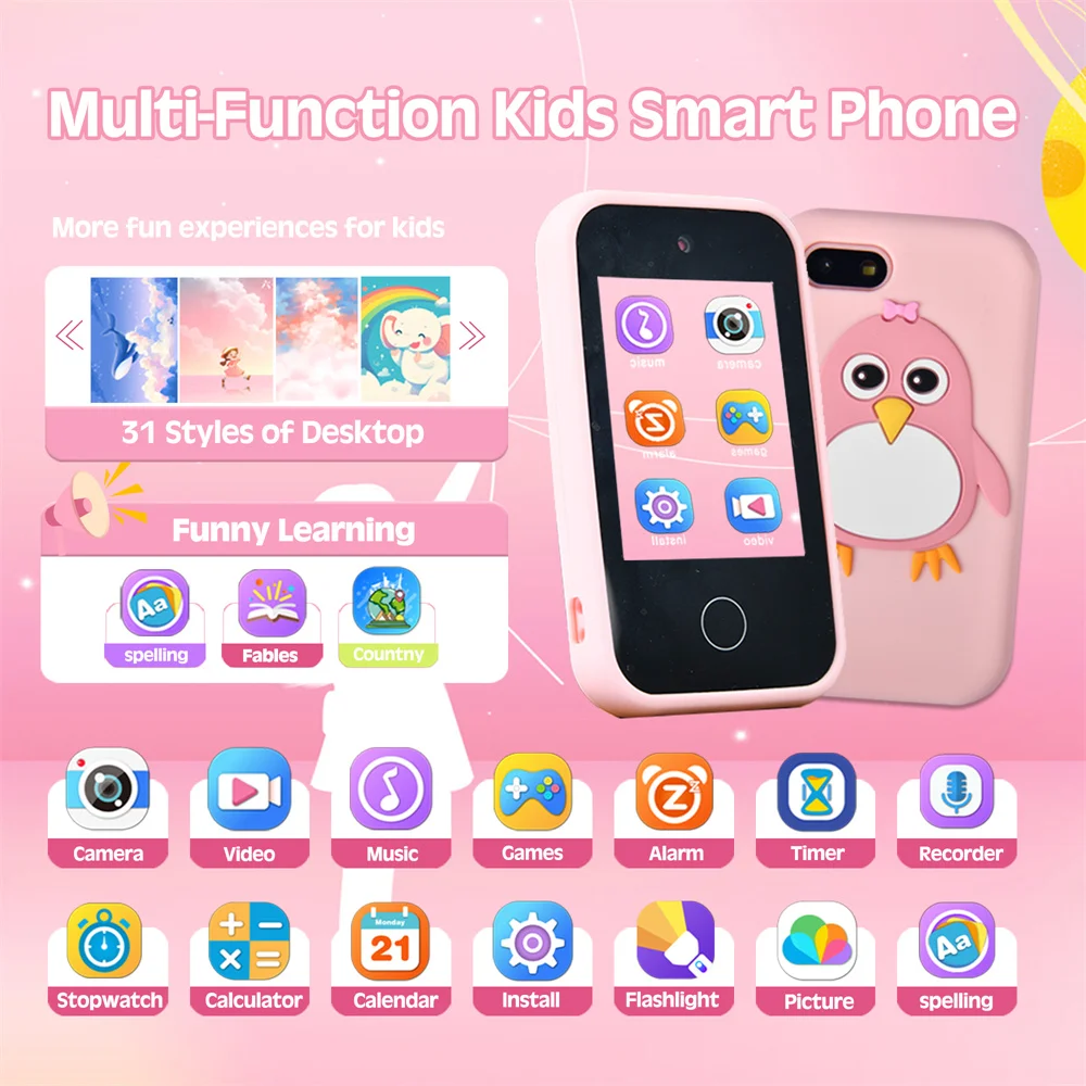 Kid Smart Phone Funny 2.8inch IPS Touch Screen Music Game Player Alarm Clock Calculator Flashlight Dual Camera Educational Toys