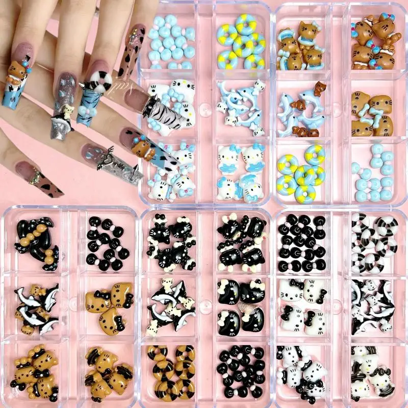 1Box New Black Skin Double Colors Cats Nail Charms Blue Brown Dolphin Coconut Tree Minimalist Bows Nail Art Decorations for DIY