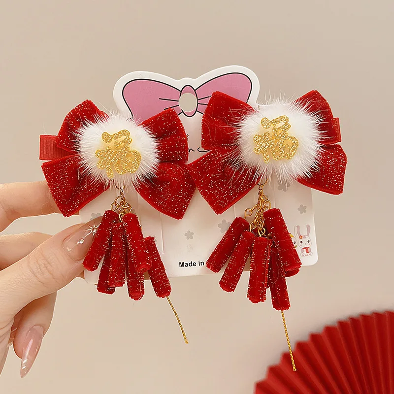 

2025 New Year's Hair Clip for Girls Little Girl's New Year's Greeting Hairpin Red Bow Tassel Duckbill Clip