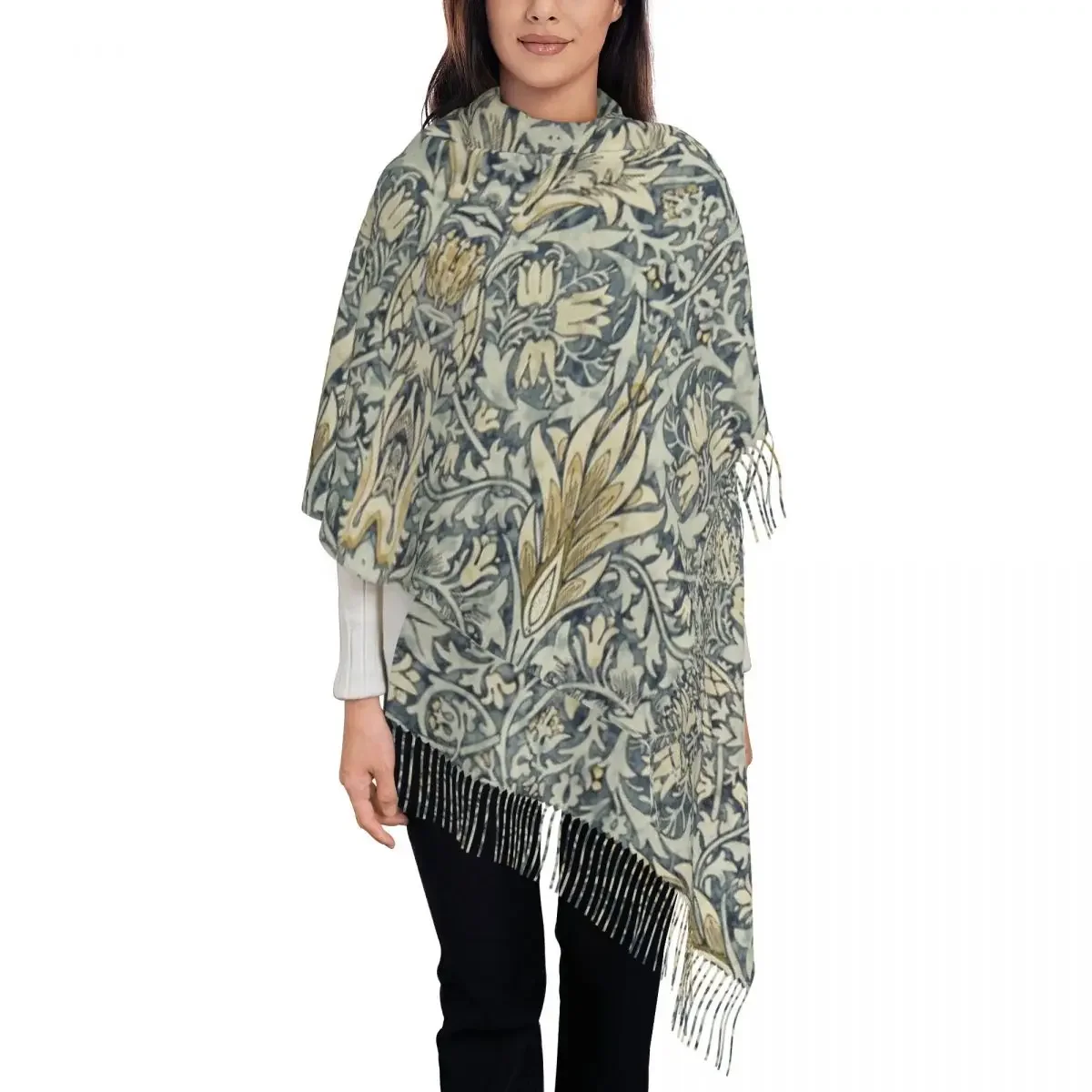 Ladies Long William Morris Snakeshead Pattern Scarves Women Winter Thick Warm Tassel Shawl Wrap Vintage Textile Scarf