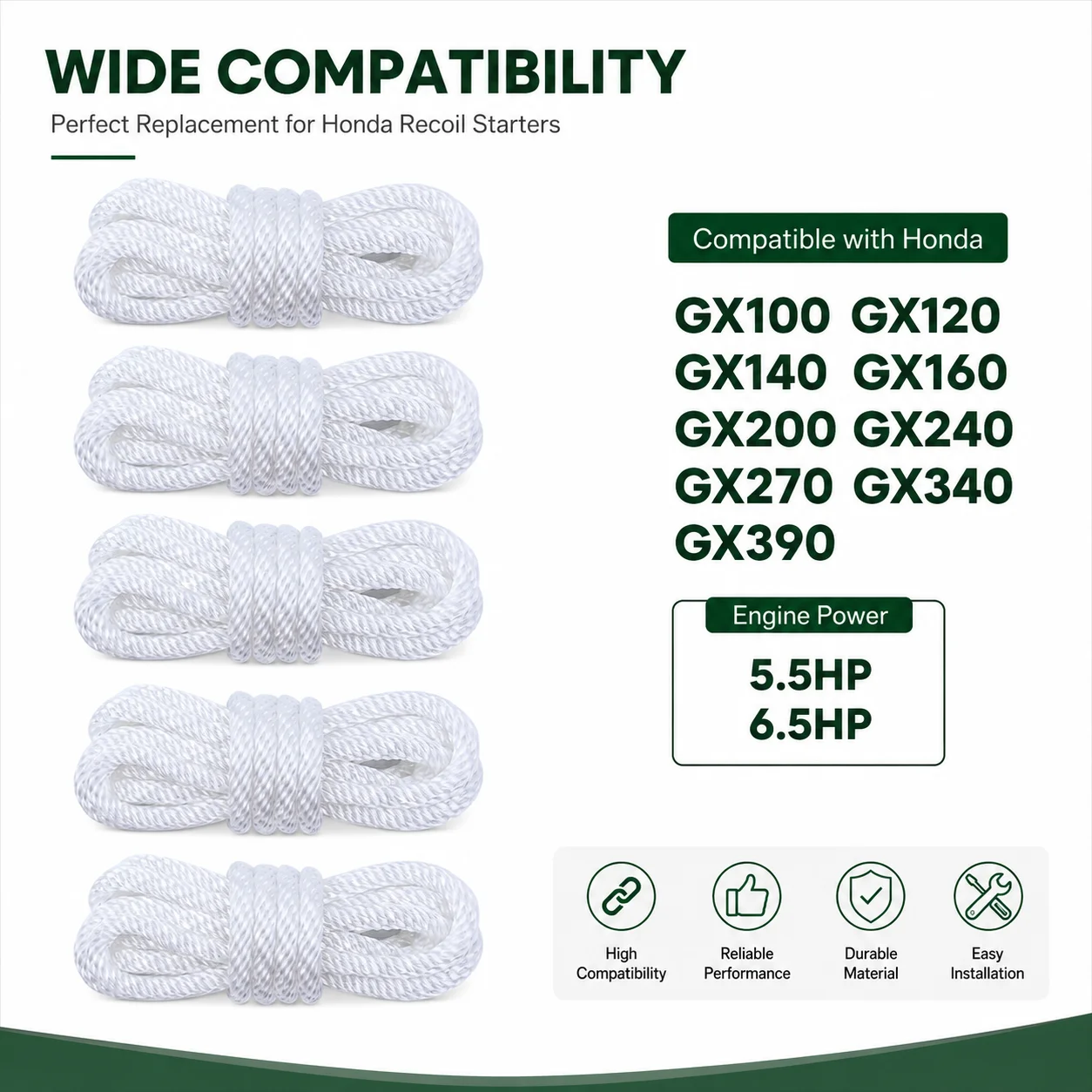 5Pcs 4.8m Recoil Starter Rope Pull Cord for Honda GX140 GX240 GX270 GX340 GX390 28462-ZE2-003 Edger Brush Cutter Engine Parts