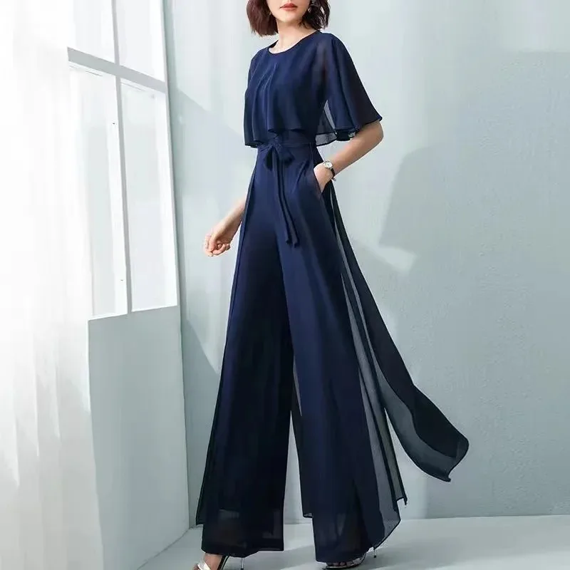 Fashionable Lotus Leaf Sleeve Chiffon Jumpsuit Women\'s Long 2024 New Wide Leg Jumpsuit Set Temperament Jumpsuit