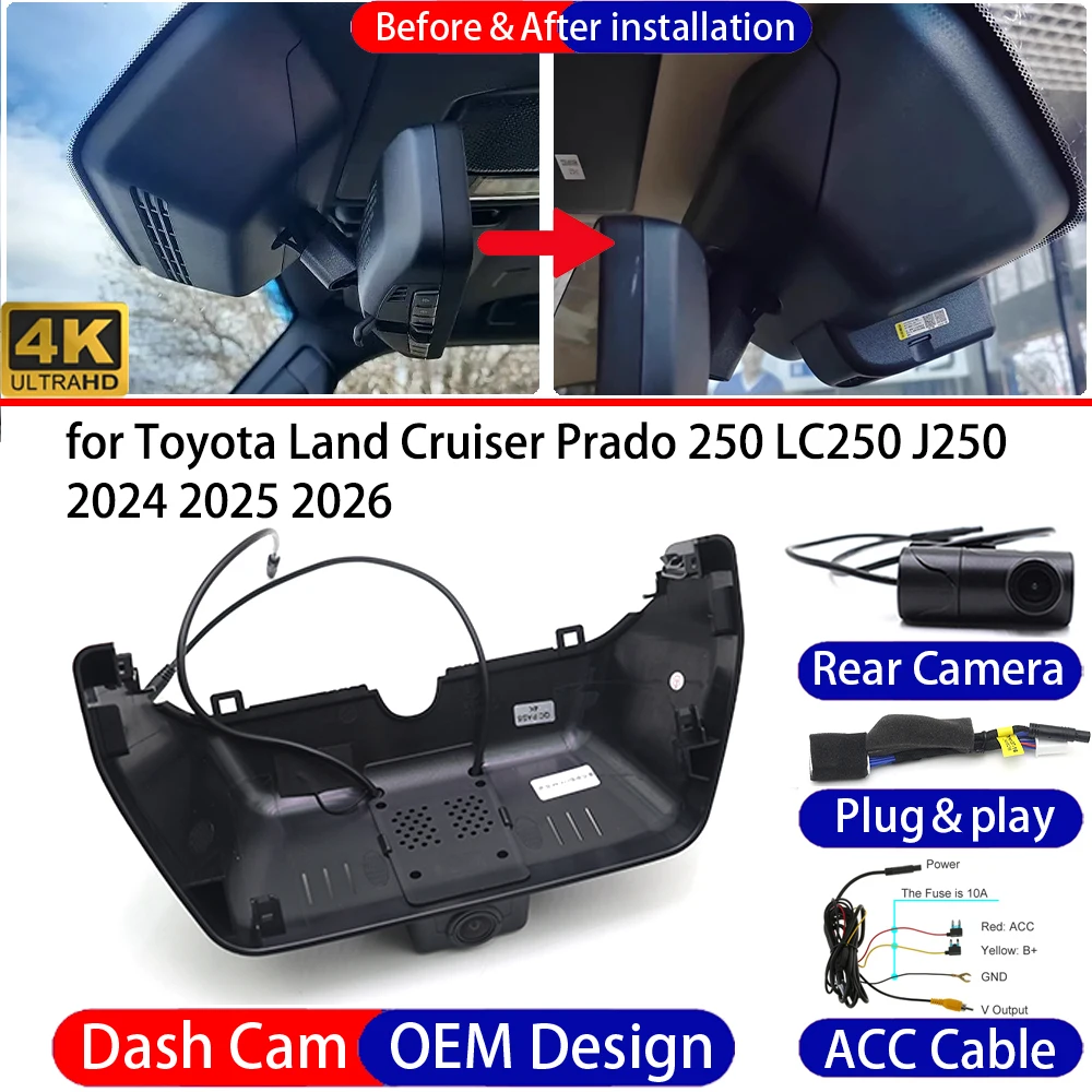 Dash Cam for Toyota Land Cruiser Prado 250 LC250 J250 2024-2026 Front＆Rear 4K DVR Dashboard Camera Video Recorder Parking Mode