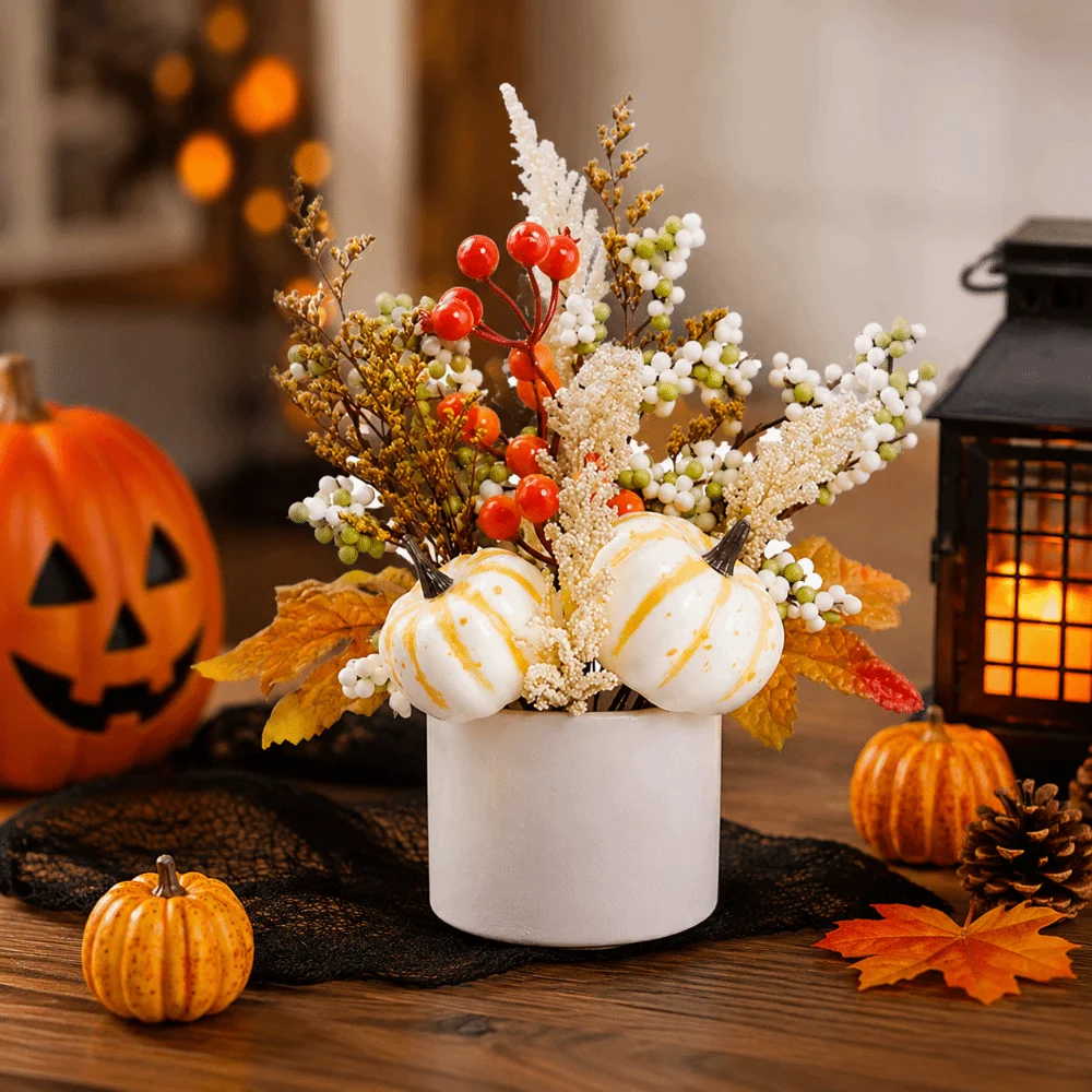 Durable Harvest Festival Pot Ornament Plastic Fake Autumn Leaf Maple Leaf Pumpkin Ornament Decorative Vibrant Artificial