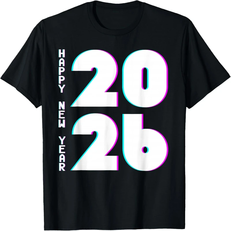 Happy New Year 2026 Celebration Glitch Simple Style T-Shirt Unisex Streetwear Crewneck Regular Short Sleeve Loose Casual Style