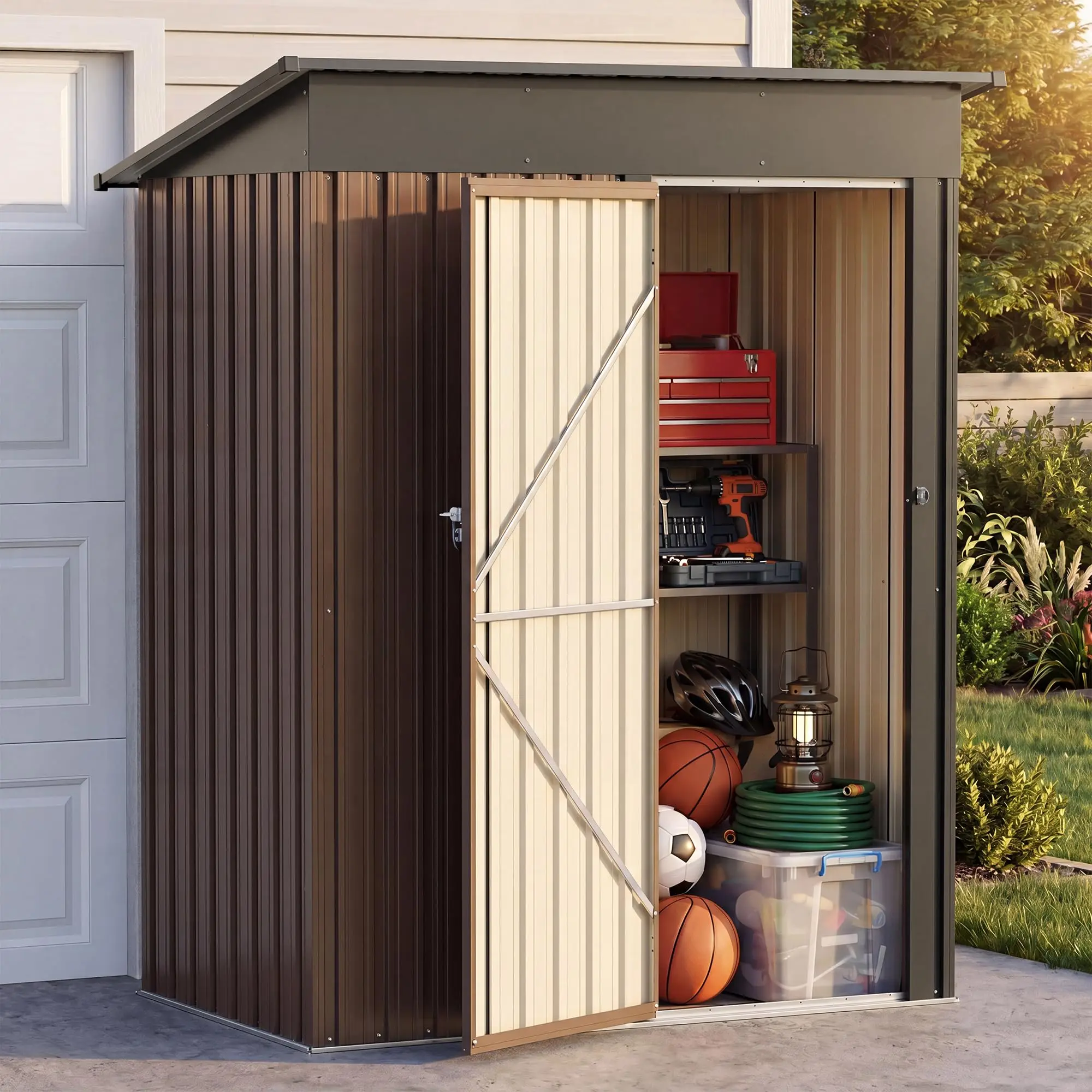 5 x 3 FT Outdoor Storage Shed, Galvanized Steel Tool Shed with Lockable Door, Air Vent & Sloped Roof for Backyard