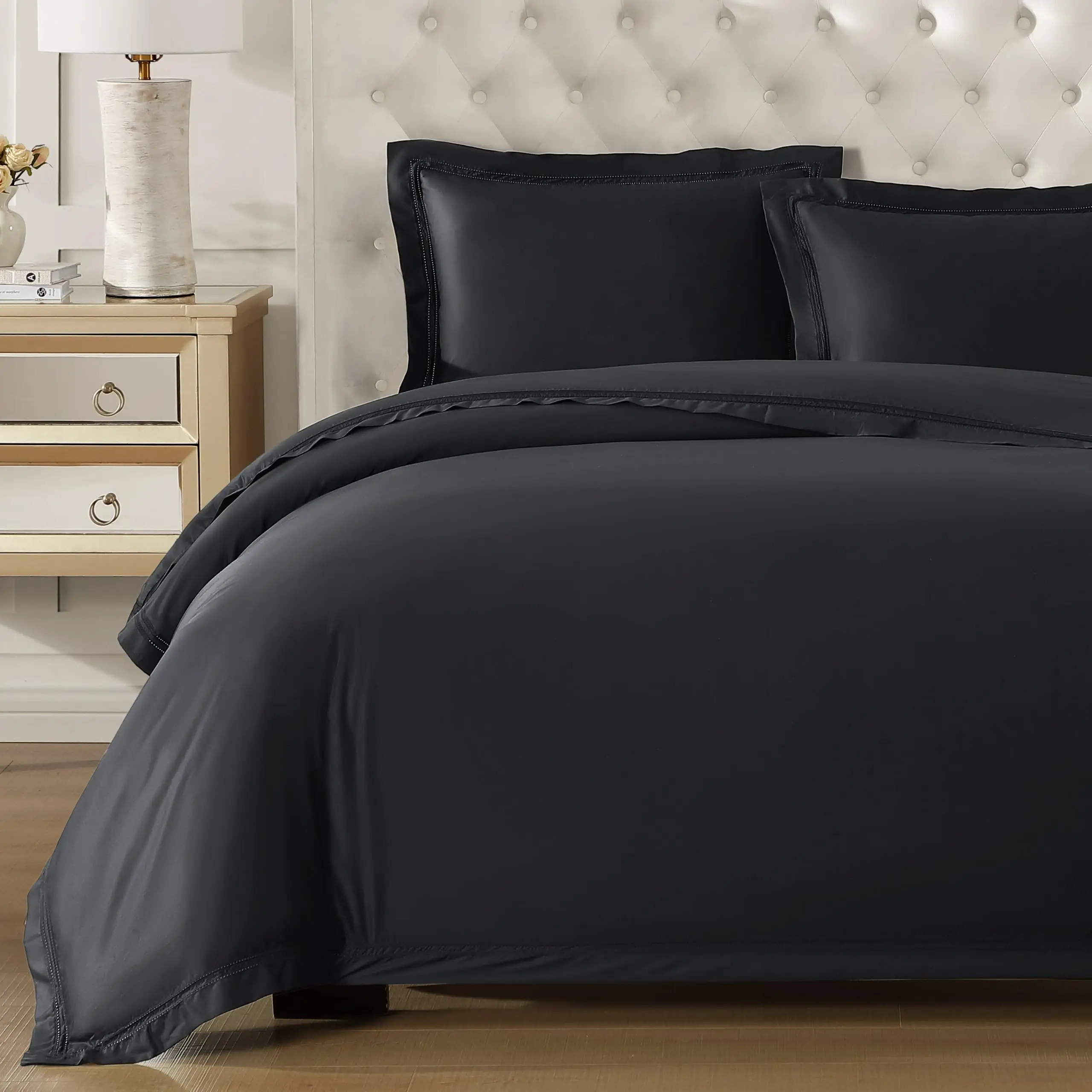 Yalda Duvet Cover Set – 100% Certified Egyptian Cotton, Double-Hem Stitch (Black, King)
