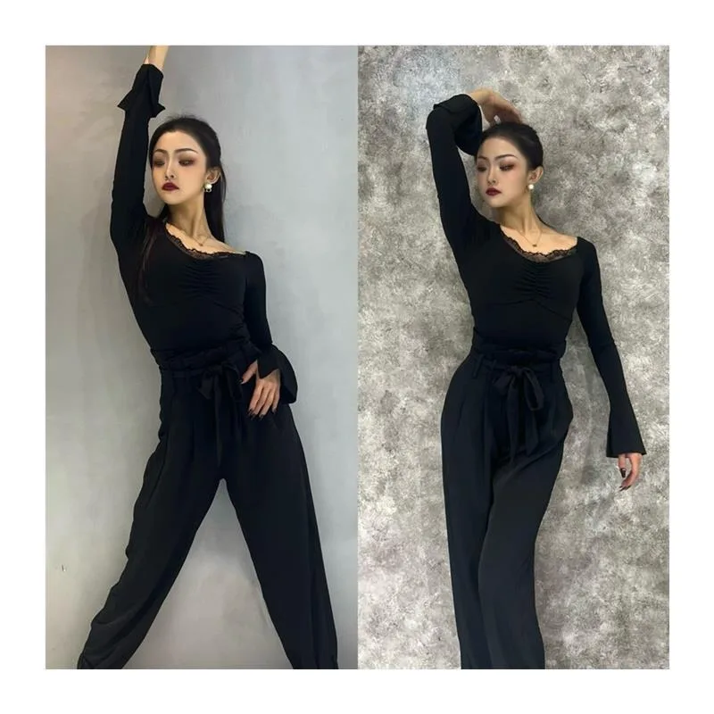 customized Latin dance bodysuit with black floral bud pants wide leg pants women's lace edge long sleeved top for two outfits