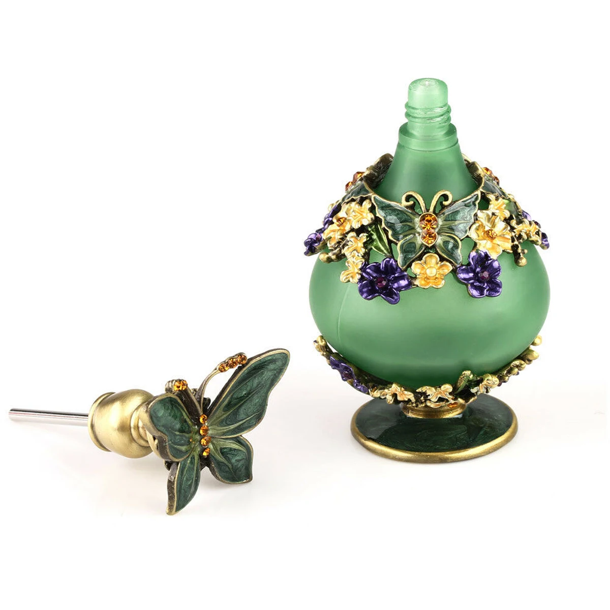 25ml Decoration Glass Bottle Butterfly Cap Flower Painting Pattern Metal Art Enamel Frosted Emerald Bottle Luxury Perfume Jar