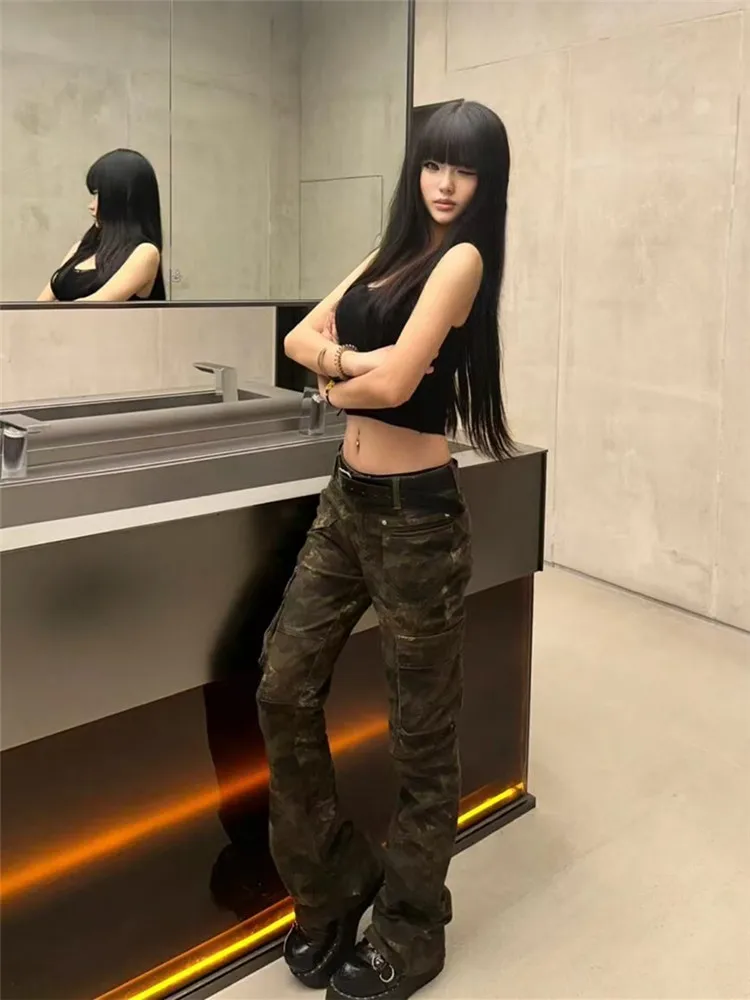 

American High Street Low Waist Flared Jeans Women's Spring Autumn Slimming Multiple Pockets Extended Length Workwear Pants