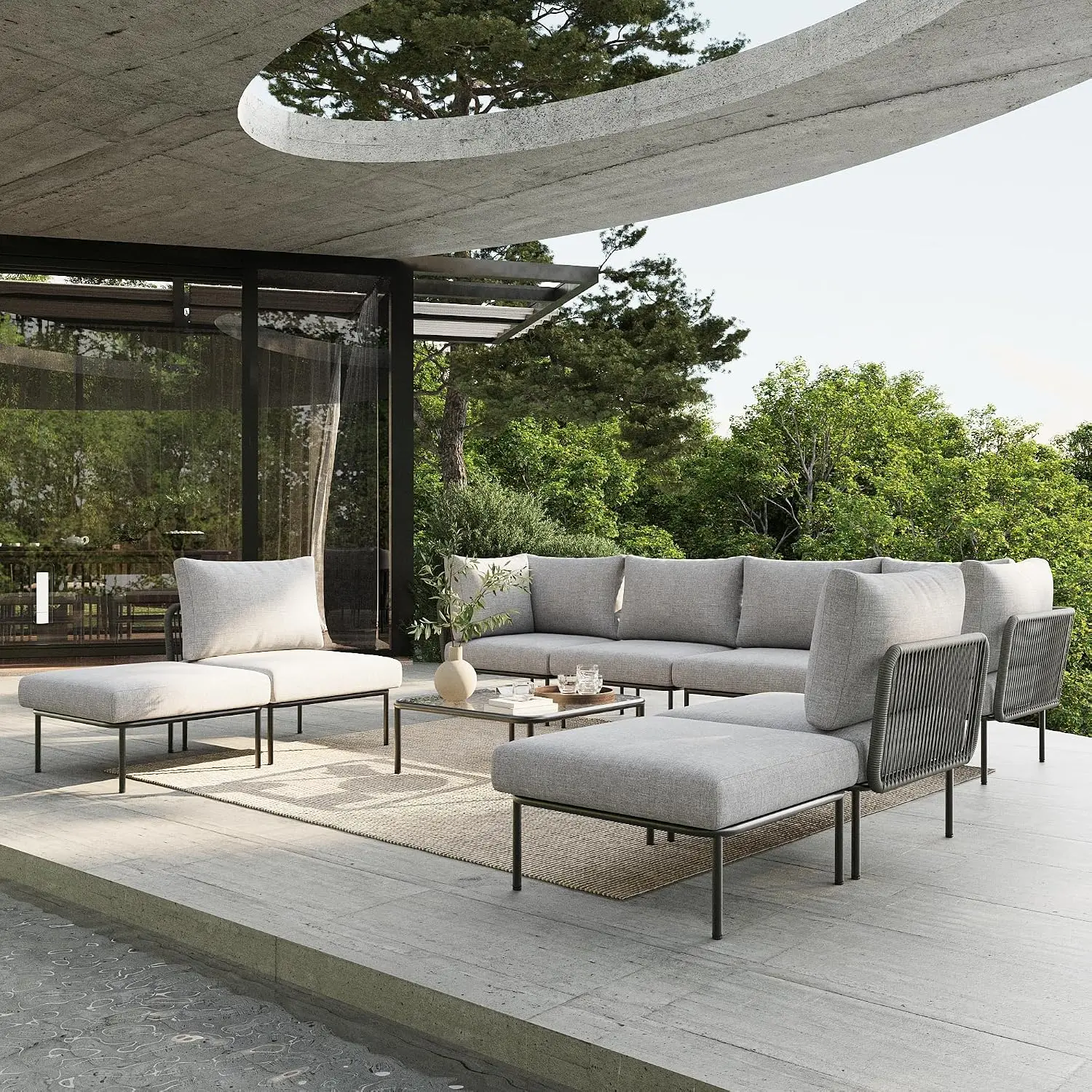 Outdoor Furniture L Shape - 9-teiliges modernes Outdoor-Seil-Rattan-Sofa-Set, L-förmiges Patio-Gesellschaftssofa-Set mit