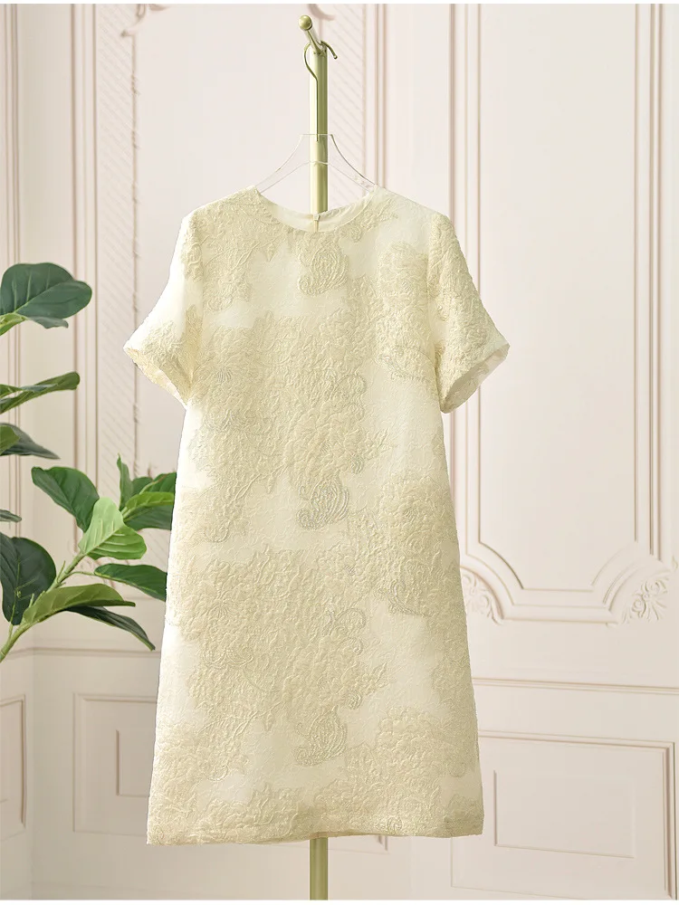 

women organza dress wrinkled embossed flower gold thredad jacquard round neck short sleeve A-line skirt summer