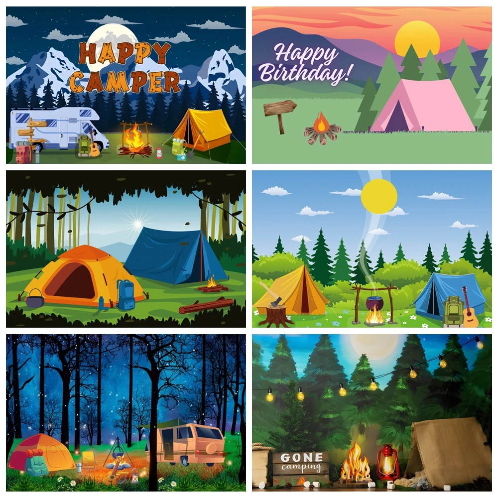 

Camping Backdrop Happy Camper Tent Campfire Forest Mountain Adventure Baby Birthday Party Photography Background Photo Studio