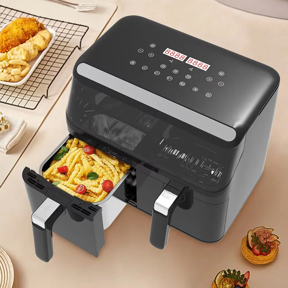 8L Luxury Square Smart Double Air Fryer Stainless Steel Oven Touch Screen Temperature Control Manual Power Home Kitchen Use
