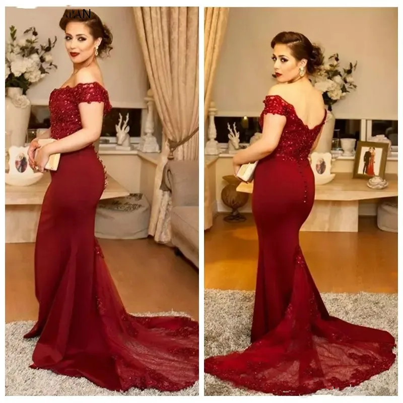 

MULONG Dark Red Mermaid Mother Of The Bride Dresses For Weddings Floor Length Mother Of The Groom Dress Appliques Off The Should