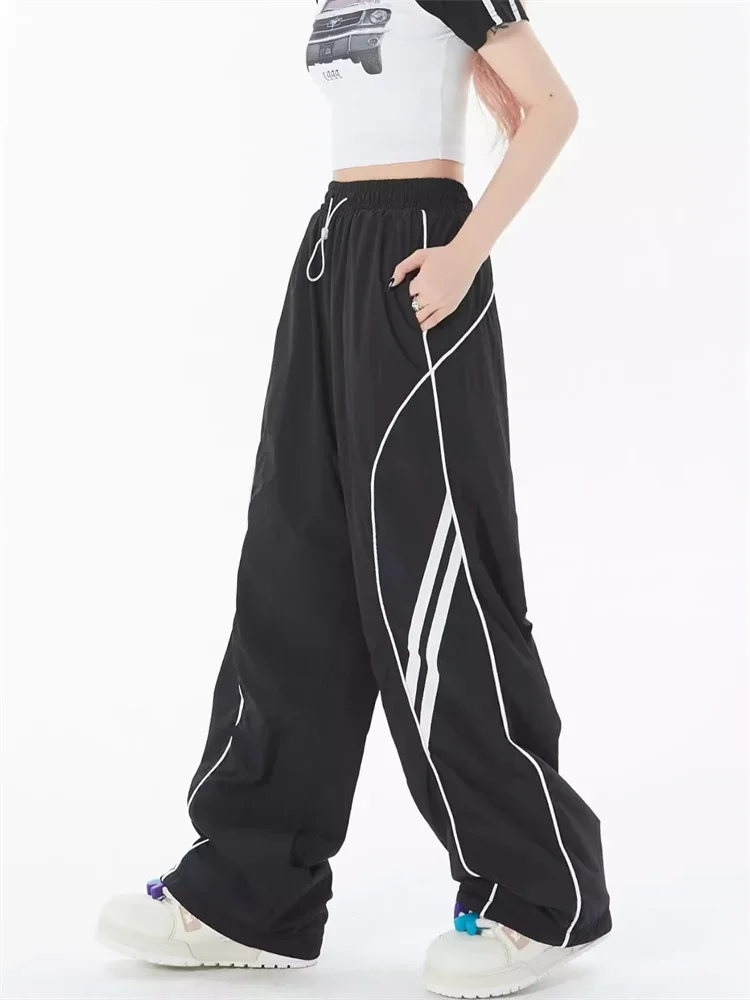 QWEEK Harajuku Egirl Gray Track Pants Women Y2K Vintage Striped Sweatpants Oversized Streetwear Hippie Wide Leg Black Joggers