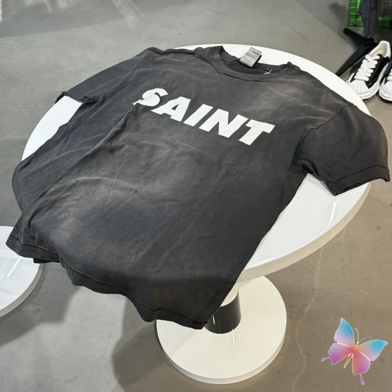 

Summer Washed Hole Black Saint T-shirts Cotton Basic Letter Printed Round Neck Short Sleeved Tops Streetwear Men Women Tshirts