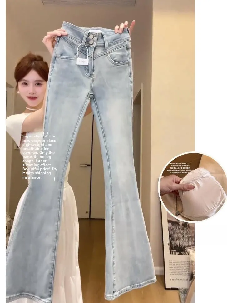 Sweet High Waist Bell Bottom Jeans Lace Panel  Knot Double Buckle Women's Casual Wear Multi Pocket Wide Leg Pants