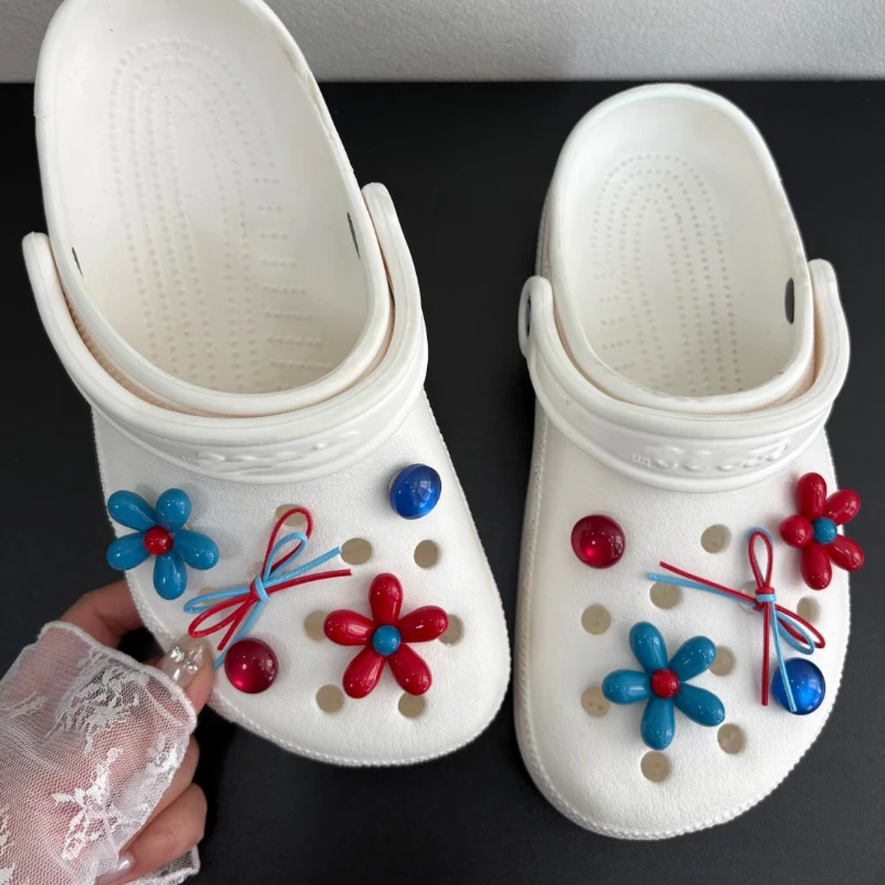 Y2K Retro Red Blue Flower Bow Bead Shoes Charms Set Aesthetic Shoe Decorations Accessories for Clogs Sandals Teens Gifts ﻿
