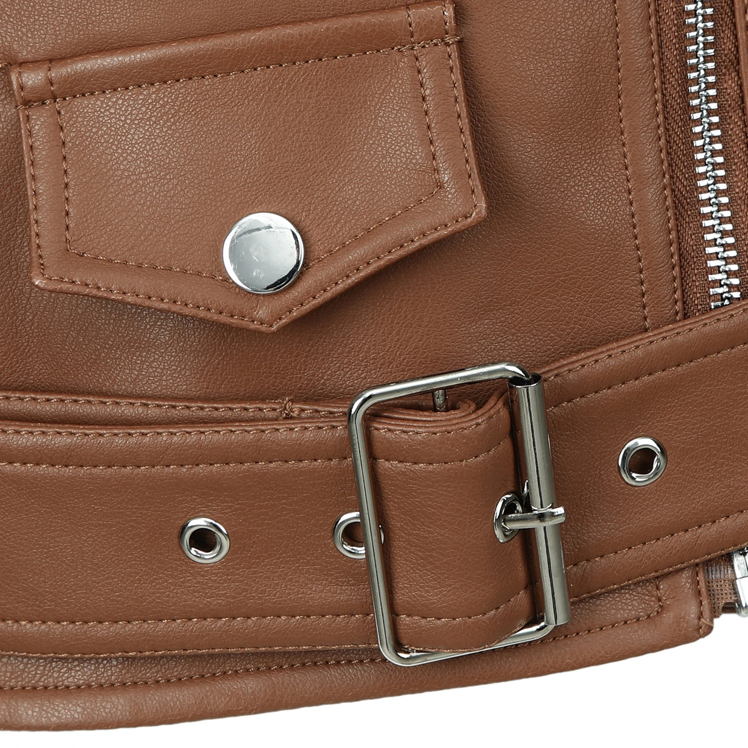 ​ ​   Jaqueta feminina de motociclista pu com cinto ajustável – costura traseira slim fit e detalhes prateados |     2 bolsos |     Marrom/Preto/Branco |     3 estações ​ ​