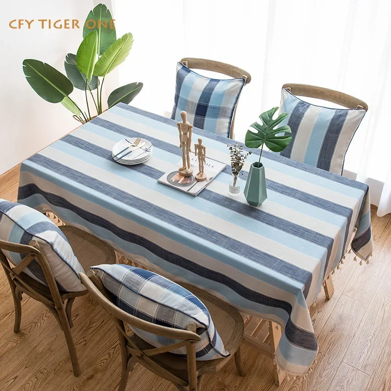 Cotton Linen Japanese Striped Artistic Tassels Tablecloth Antifouling Rectangular Tablecloth  Coffee Table Mat Table Cover