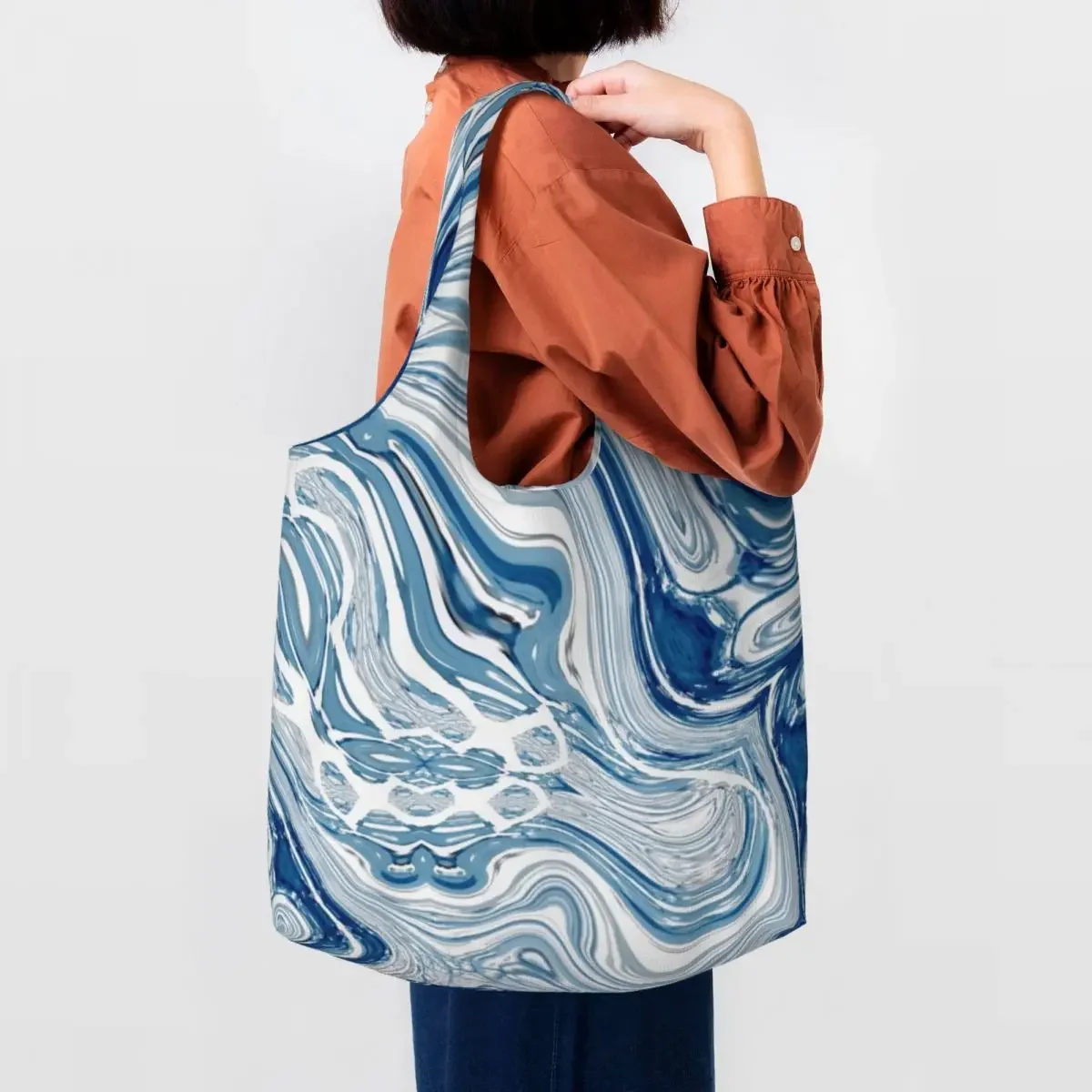 Custom Chic Nautical Beach Blue Marble Swirls Grocery Tote Shopping Bag Women Canvas Shoulder Shopper Bag Big Capacity Handbags