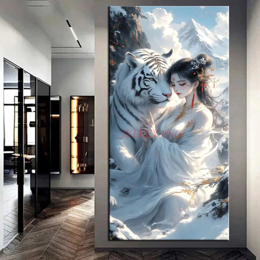 New Arrivals 5D Diamond Painting Fantastic White Tiger and Woman Picture Full Drills Diamond Rhinestone Mosaic Image Embroidery