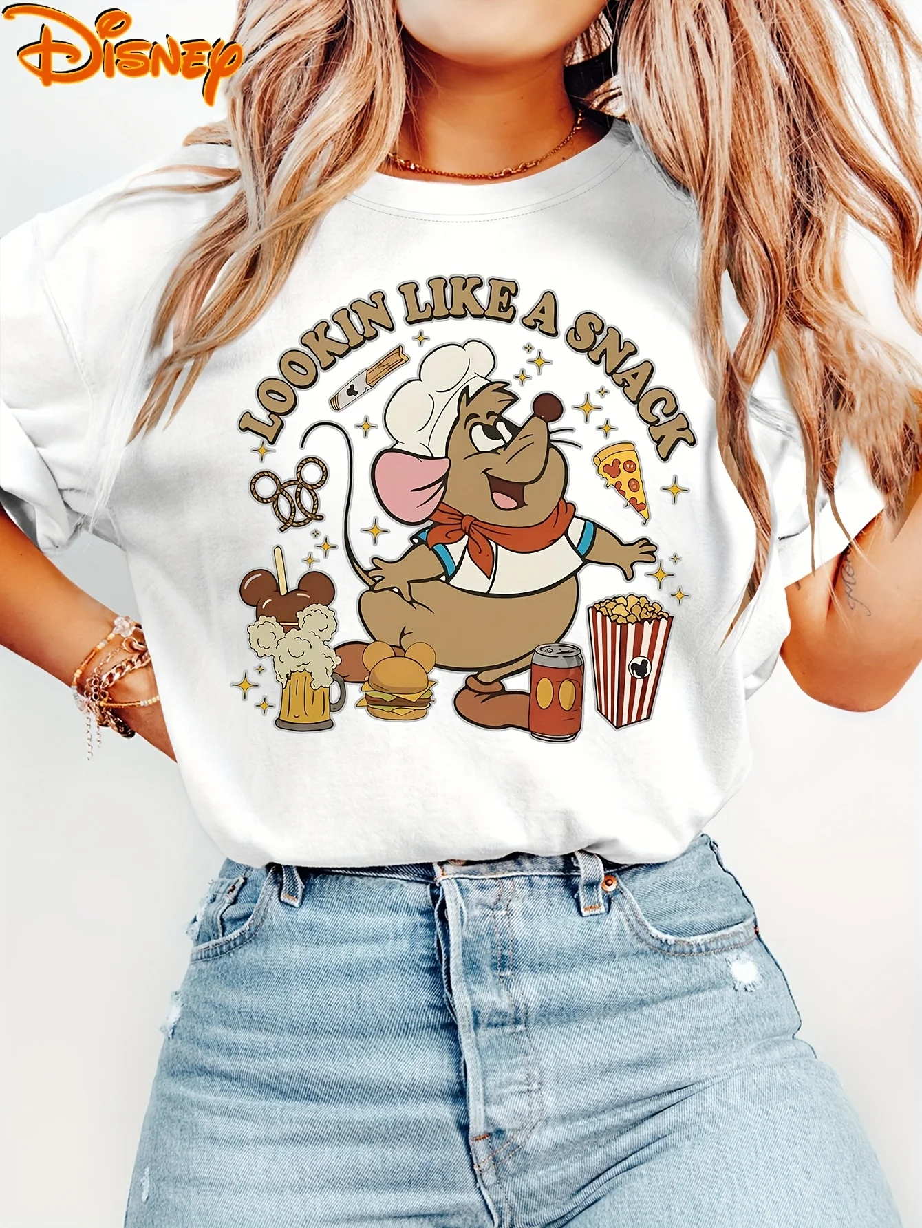 

2025 Disney Pattern Printed Women's Casual Comfortable Unique Smiling Face Black Round Neck Short Sleeve T-shirt