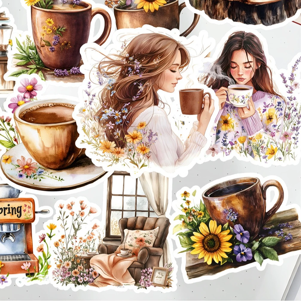 

1 set Cute Self-made Watercolor Spring Flower Girl Coffee Scrapbooking Stickers /Decorative /DIY Craft Photo Albums/trunk