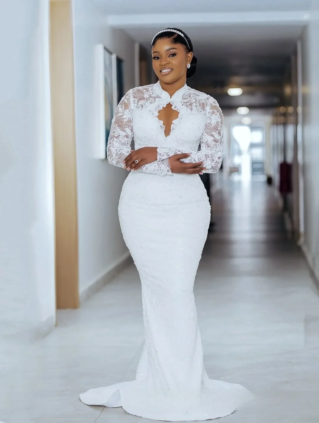 Customized High Collar Hollow Chest  Lace Appliques  Wedding Dress with Removable Skirt  Robe De Mariee  Full Sleeve Bridal Gown