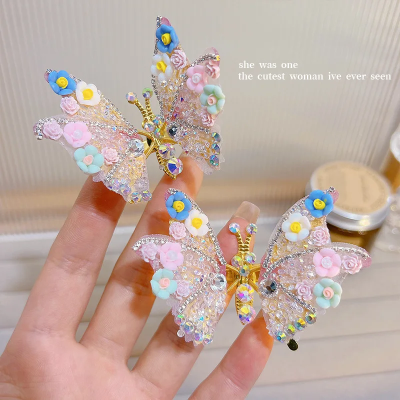 Sweet Cute Will Move The Butterfly Hair Clips Girls Princess Stereoscopic Rhinestone Pairs Clip Baby Hair Cards Hair Accessories