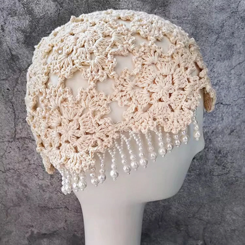 

Vintage Pearl Embellished Long Fringe Bonnet Hand Crochet Floral Knitted Headwrap Spring Headwear for Women Bohemian Style