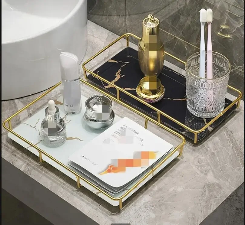 Wrought Iron Marble Pattern Glass Tray Metal Decorative Storage Rack Bathroom Shelves Organizer Display Stand Shelf