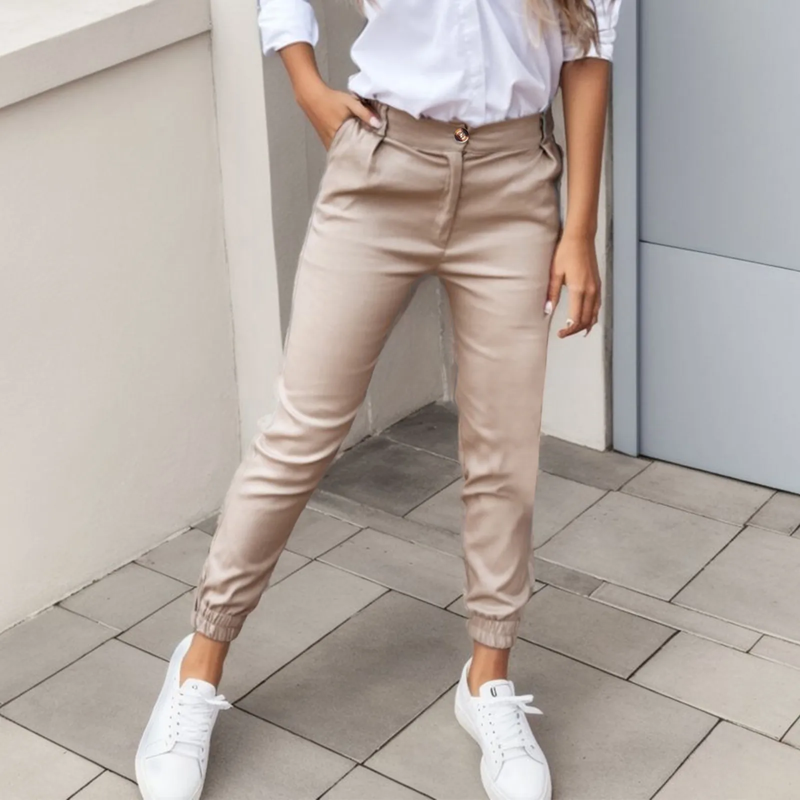 

Womens High Waist Office Lady Ankle-Tied Pants Button Fly Ankle-Length Slim Fit Female Pants Solid Color Slight Strech Pants