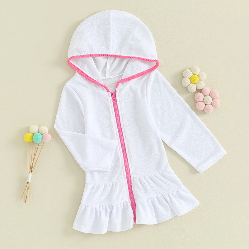 Girls Swim Cover Up Kids Long Sleeve Terry Coverups Zip Up Hooded Beach Pool Bathing Suit Wraps Kimono Swimsuit White Robe