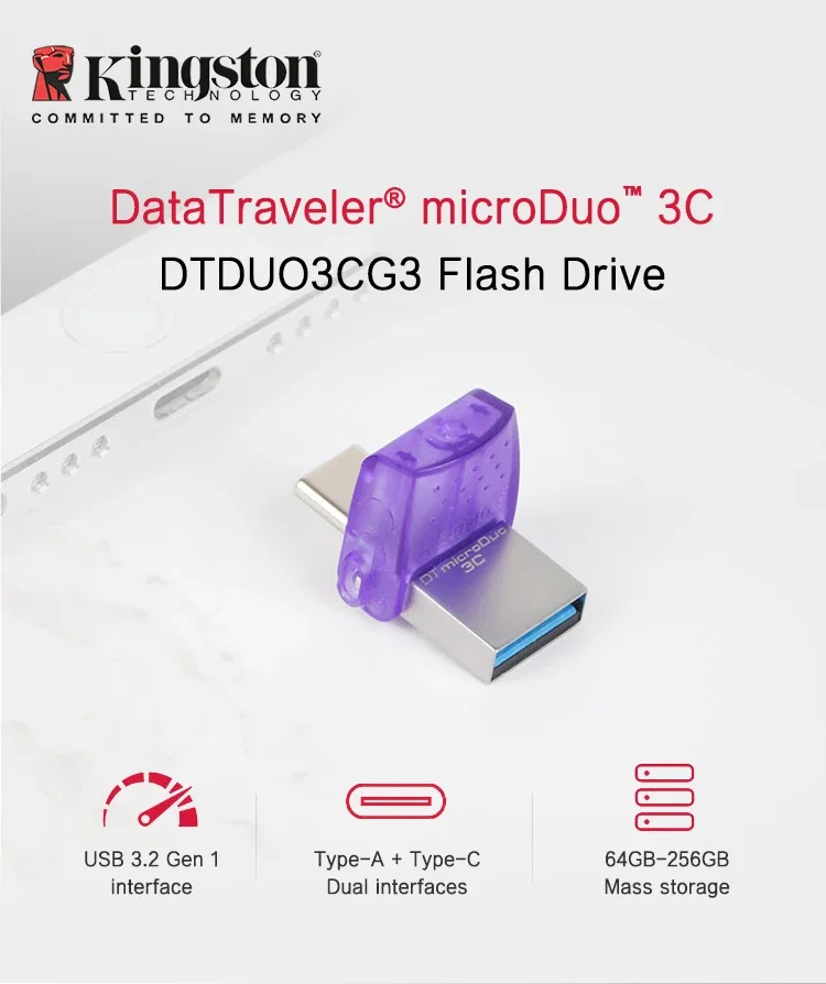 محرك أقراص فلاش USB3.2 Gen1 من Kingston Type-C 256 جيجابايت 128 جيجابايت 64 جيجابايت DTDUO3CG3 ما يصل إلى 200 ميجابايت/ثانية محرك أقراص عالي السرعة للهاتف والكمبيوتر