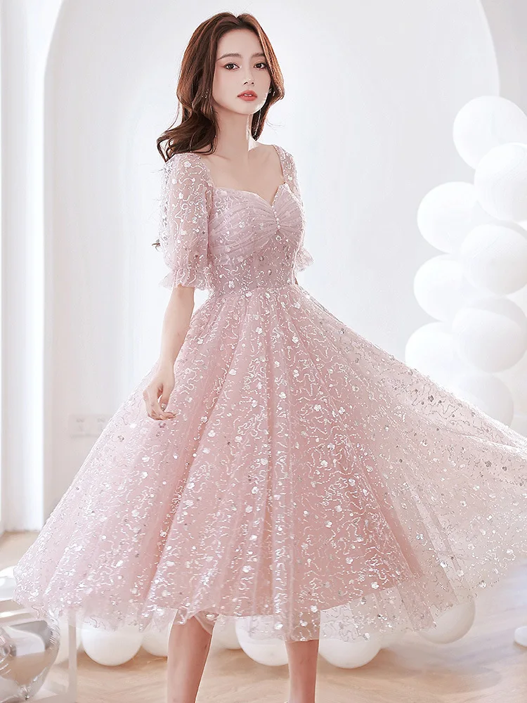 Bling Pink Women\'s Prom Dress Glitter Sequin Tulle A-Line Birthday Party Dresses Sweet Banquet Mid-Length Princess Gowns