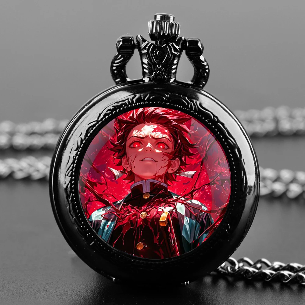 Demon Slayer Design Glass Dome Quartz Pocket Watch with Arabic Numeral Dial on Chain Ideal Present for Special Occasions