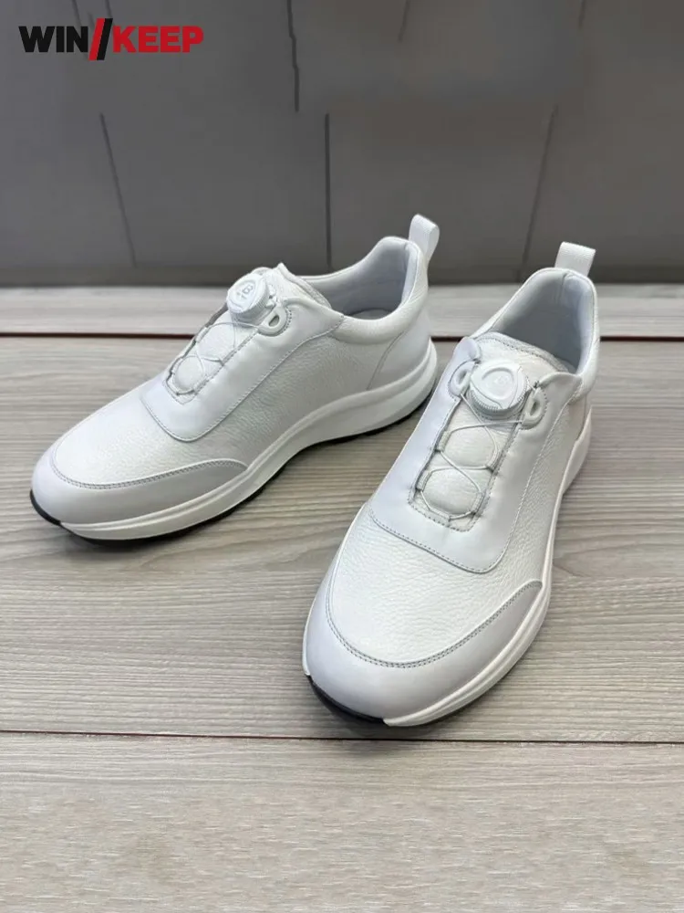 

Outdoor Mens Retro Turn Buckle Genuine Leather Versatile Thick Platform Height Increase Sneakers Sport Running Fitness Jogging