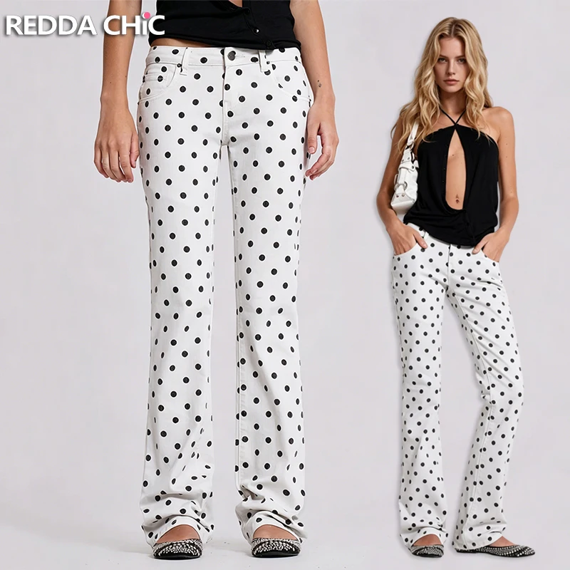 

REDDACHiC Polka Dots Low Rise Jeans for Women Vintage Versatile White Relaxed Fit Straight Denim Trousers Trendy Lounge Clothes