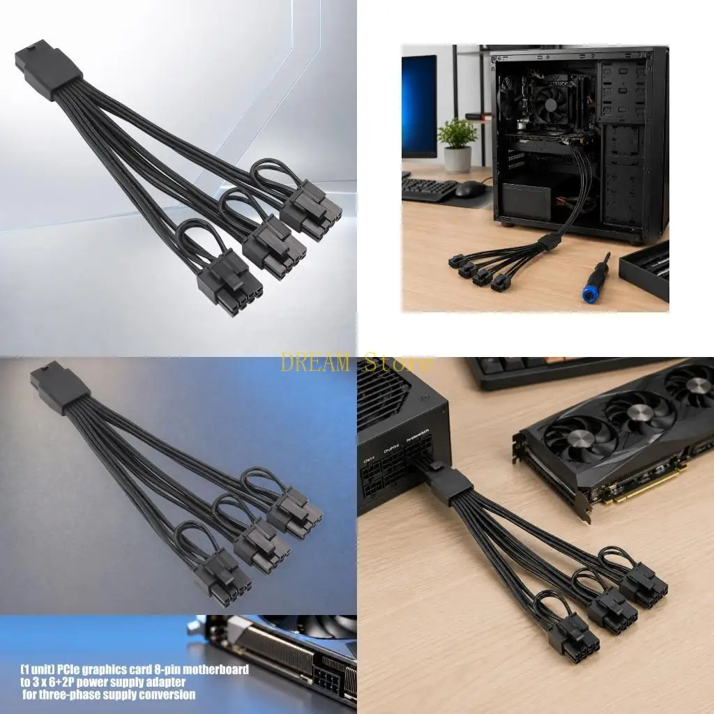 PCIe GPU Power Splitter Cable, 8-Pin Female Input to Three 6-Pin or 8-Pin Outputs for Desktop Assembly and Video Card