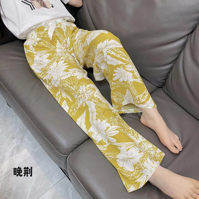 夏用薄手綿シルクスリープパンツ-レディース-九分丈パンツ-人工綿-ワイドレッグ-エアコン対応-ホームパンツ