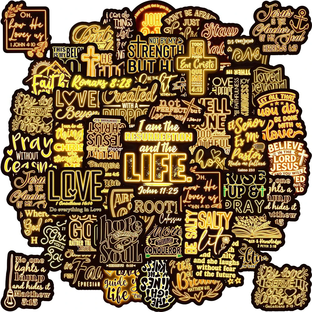 10/30/50pcs Yellow Bible Neon Light Stickers Cartoon Jesus Religious Quotes Sticker DIY Scrapbook Phone Notebook Graffiti Decals