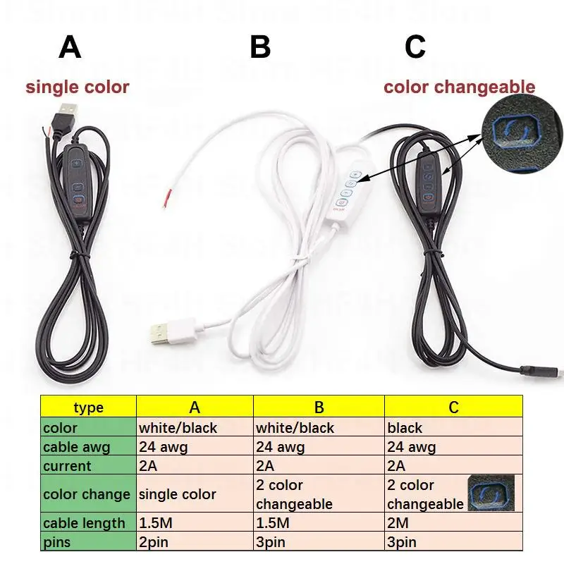 USB Port Power Supply Cable DC 5V LED Dimmer Dimming 2pin 3pin Wire Extension Cord Line Color Control for LED Light Chips R23