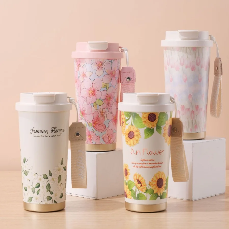

High-quality stainless steel insulated coffee cup with bellflower design, portable, dual-use, luxurious and sophisticated.