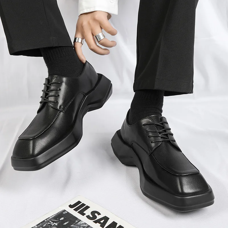 

British-style Thick-soled Square Toe Lace Up Soft Leather Shoes for Men Black Business Dress Derby Shoes