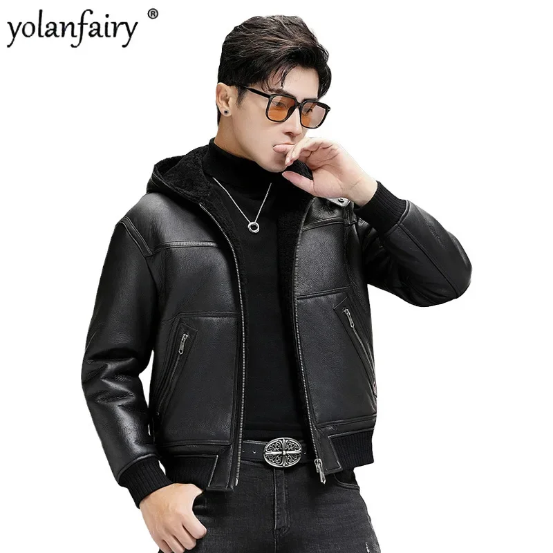 

Original Genuine Leather and Fur Coat Men's Leather Jacket Winter New Thick Hooded Short Natural Fur Jackets for Men Clothing FC