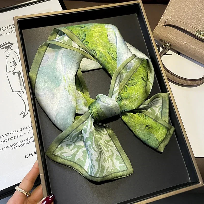 Silk Scarf Green National Style Mulberry Silk Ribbon for Women Spring and Autumn with Double Layer Silk Scarf 150*15cm Scarf