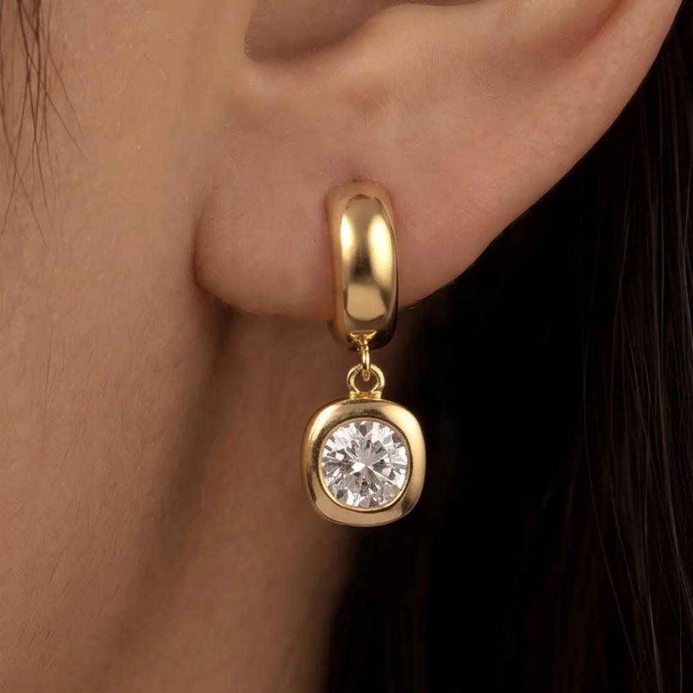 14K Gold Plated Round Zircon Dangle Huggie Earrings for Women Hypoallergenic Square Bezel CZ Hoop Earrings Wedding Jewelry Gift